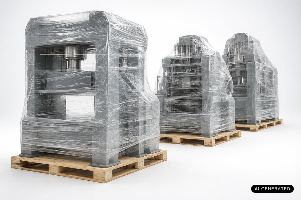 KI-generiertes Symbolbild: drei in Schutzfolie verpackte Industriemaschinen auf maßgefertigten Holzpaletten