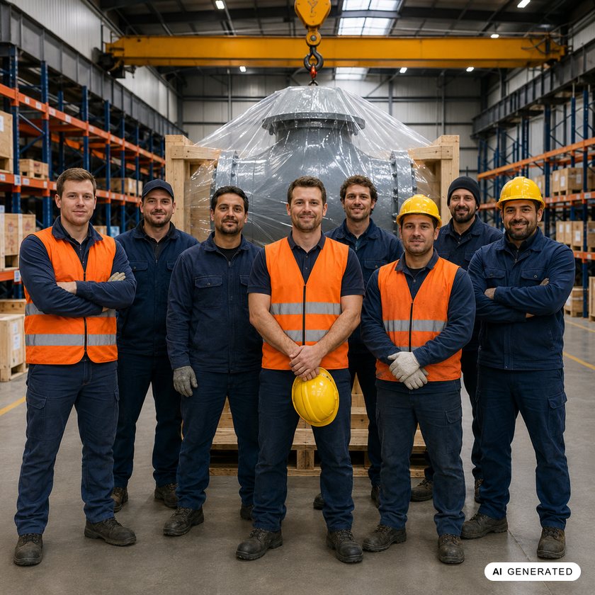 KI-generiertes Symbolbild: Mitarbeiter vor einer in Holz und Folie verpackten Industriemaschine in der Werkshalle